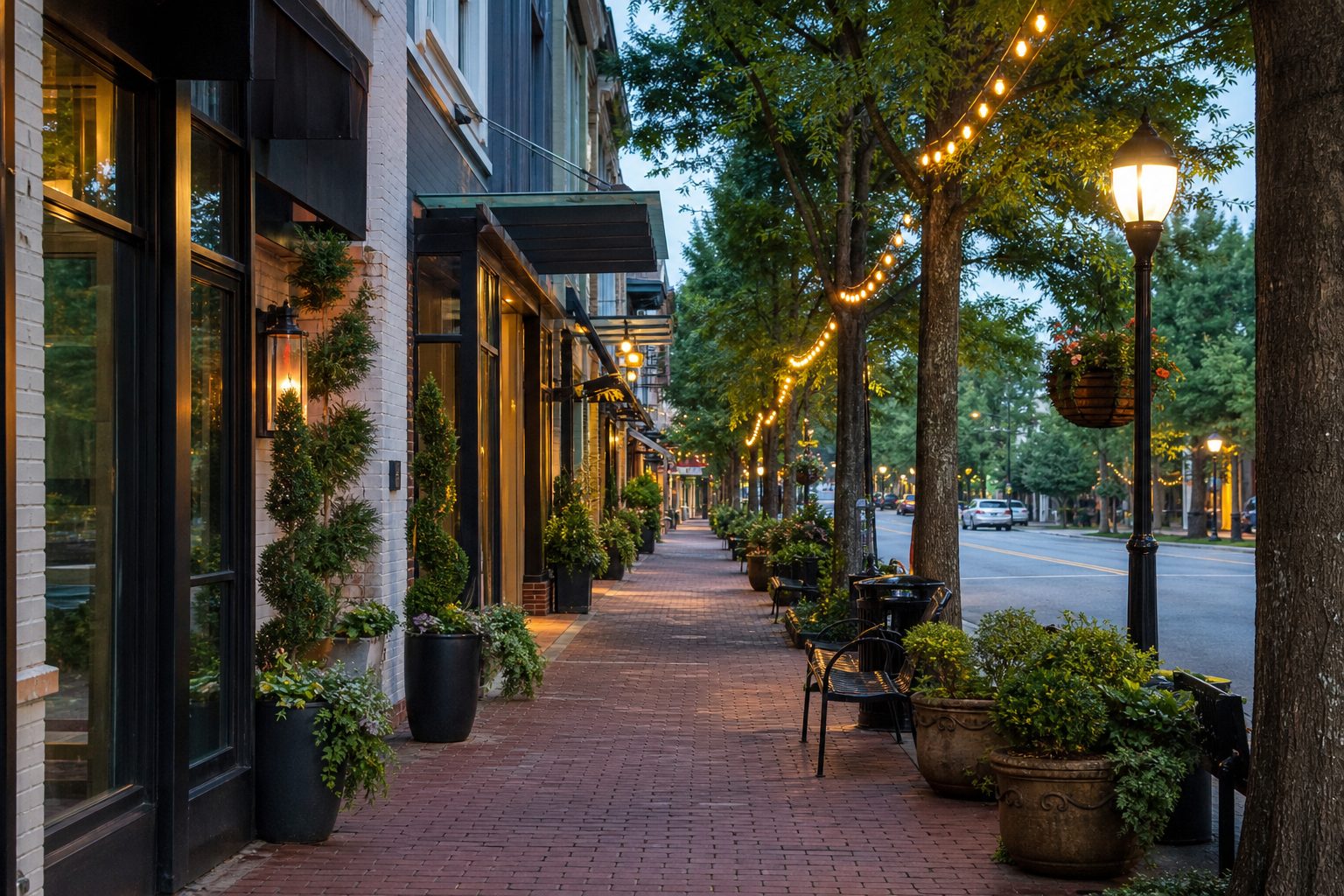 Concept image of downtown Alpharetta, Georgia in the evening