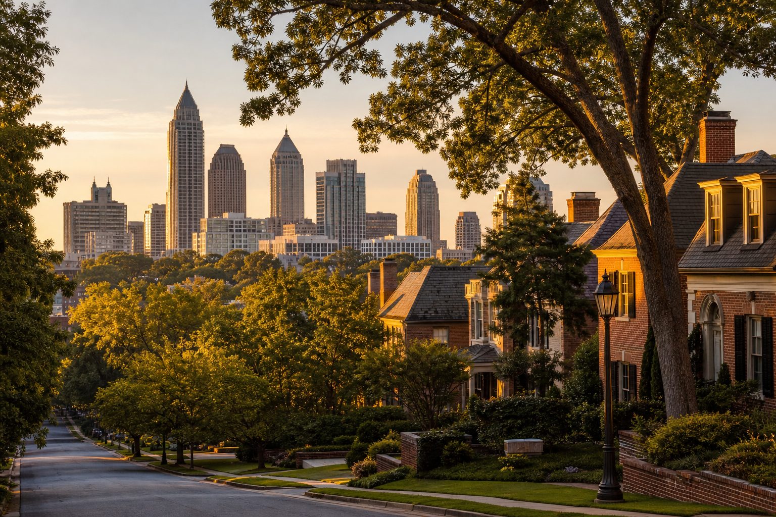 Concept image of the Atlanta, Georgia skyline at golden hour from a residential street lined with mature oak trees