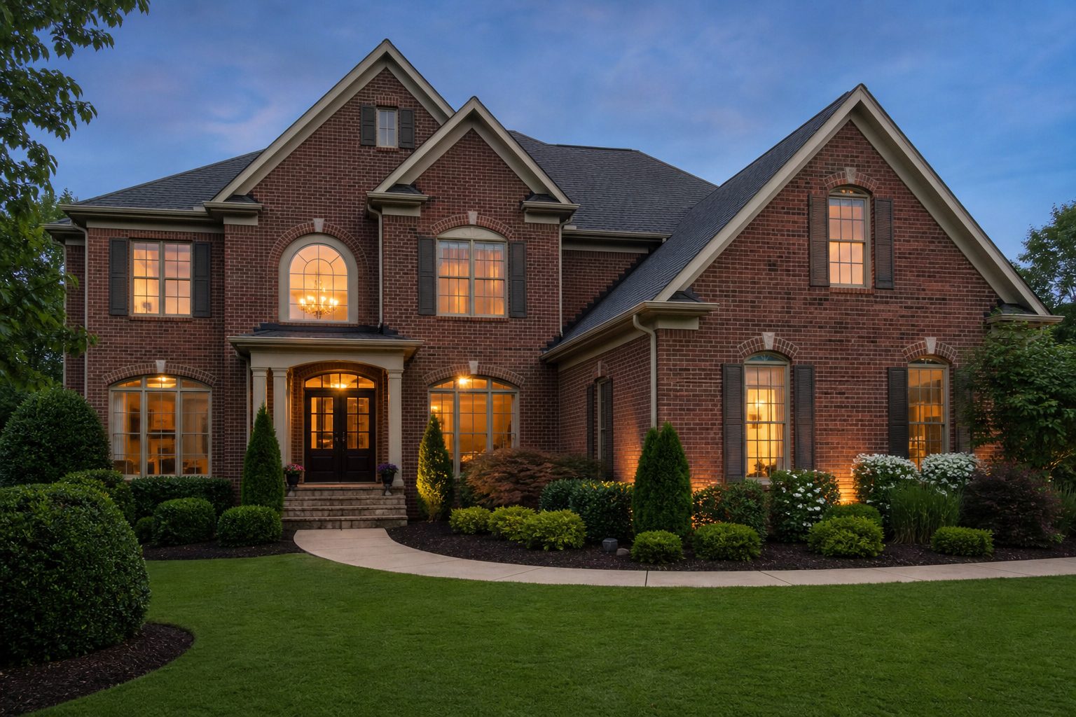 Concept image of a traditional North Fulton County home exterior at dusk